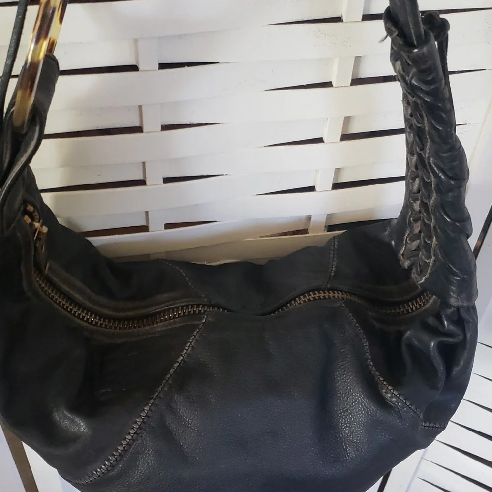 Agatha Blois Black Distress Leathet Shoulder Bag with Tortoiseshell Accent